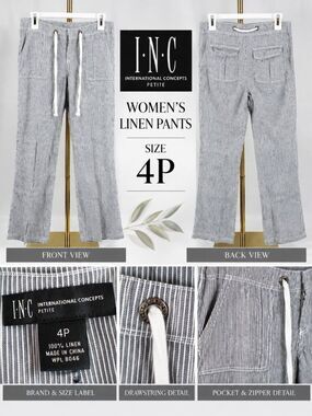 INC International Concepts Petite 100% Linen Striped Drawstring Pants 4P